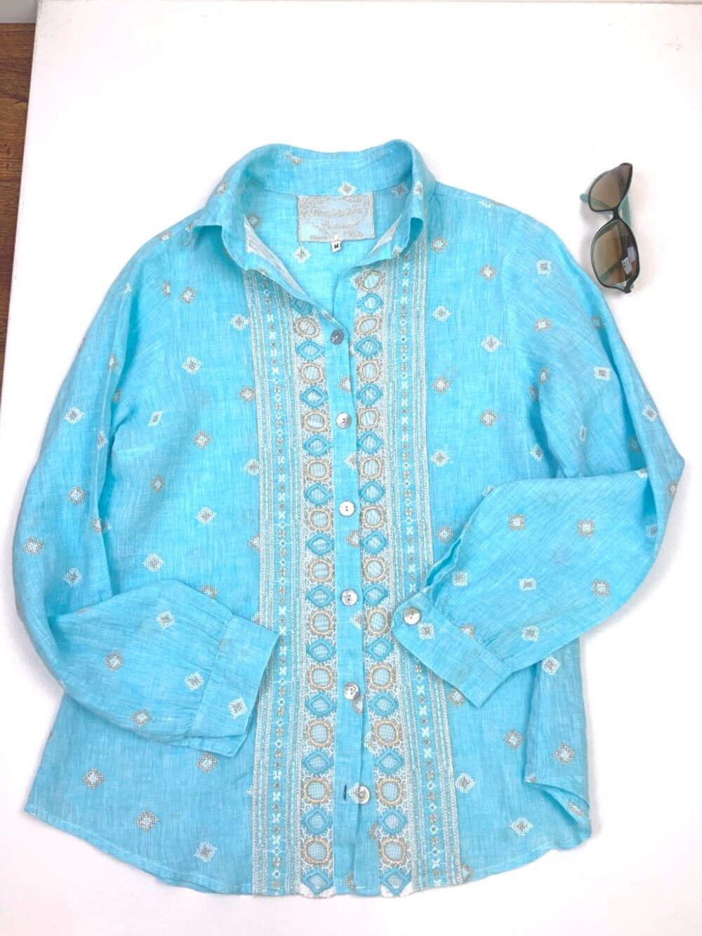 Temptation Positano Blue Straight Cut Embroidered Bohemian Linen Blouse Sz M - Picture 13 of 16